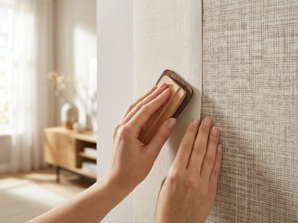 يدان تُركّبان ورق جدران أنيق بنقش هندسي على الحائط